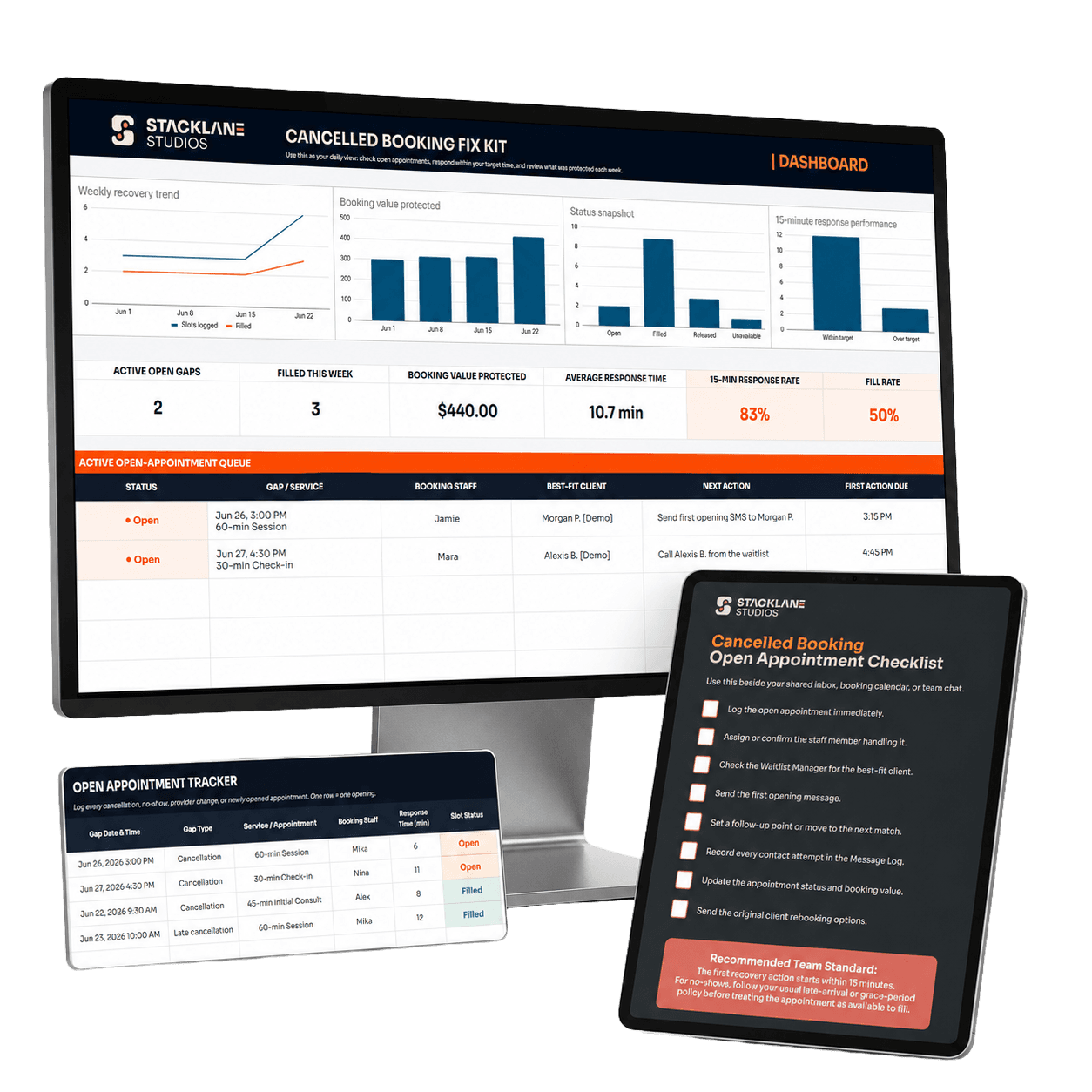 The Google Sheets Booking Value Dashboard on a desktop monitor, alongside the open appointment checklist and tracker.